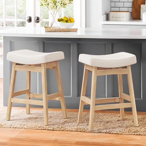 2 Pack Beige Fabric Sturdy Wood Leg Bar Stools, Counter Height, Kitchen & Bar