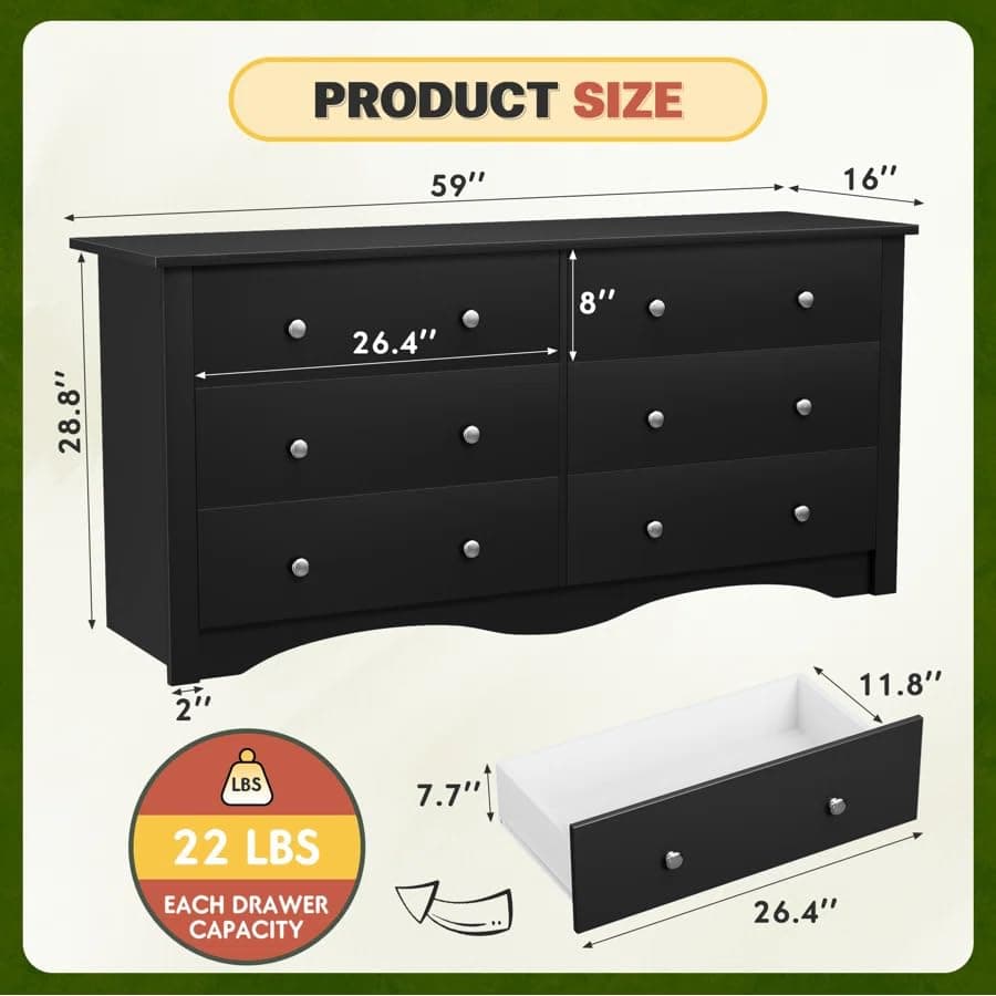 Homall Black 6 Drawer Wood Dresser for Bedroom & Living Areas