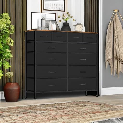 Black Tall Fabric Drawer Dresser with 12 Deep Drawers for Bedroom, Closet, and More