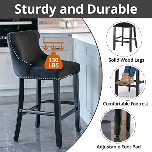 i-POOK Set of 2 Velvet Bar Stools with Solid Wood Legs - Black Wing-Back Design for Kitchen Island or Dining Room