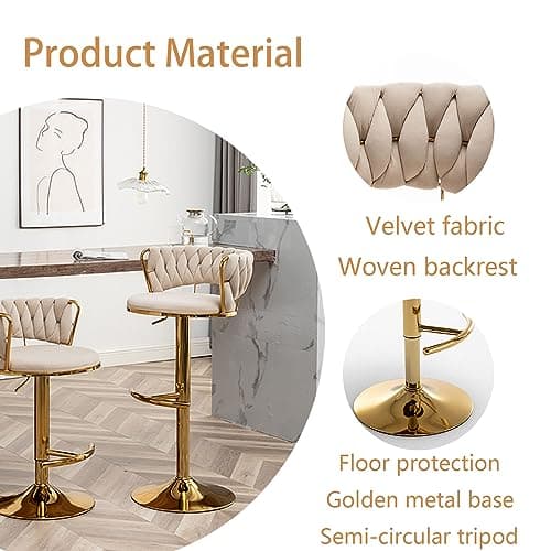 Gold Swivel Bar Stool Set, Beige, Counter Height (2pcs)