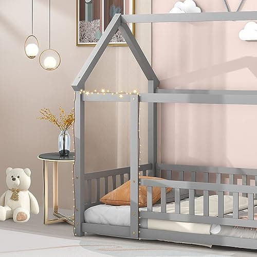 LLS Wooden Twin Bed with Roof & Fence, Gray for Boys & Girls