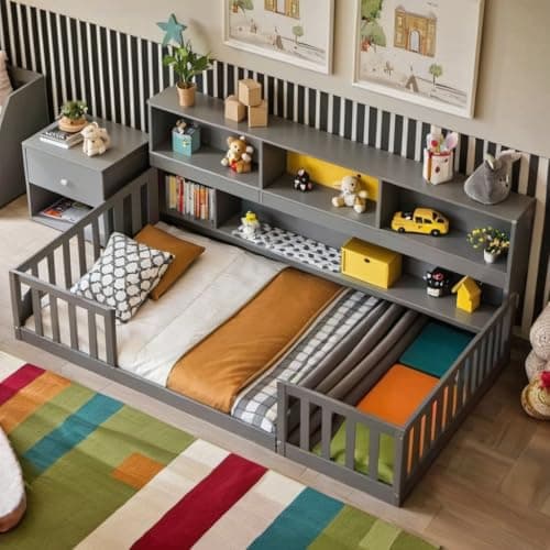 Grey Twin Montessori Floor Bed with Bookcase & Safety Guardrails
