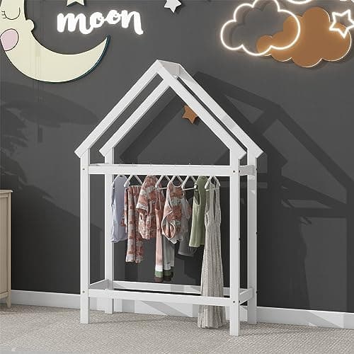 Wooden Montessori Twin Size Floor Bed with Roof Frame and Detachable Stands - White House-Shaped Tent Bed for Children