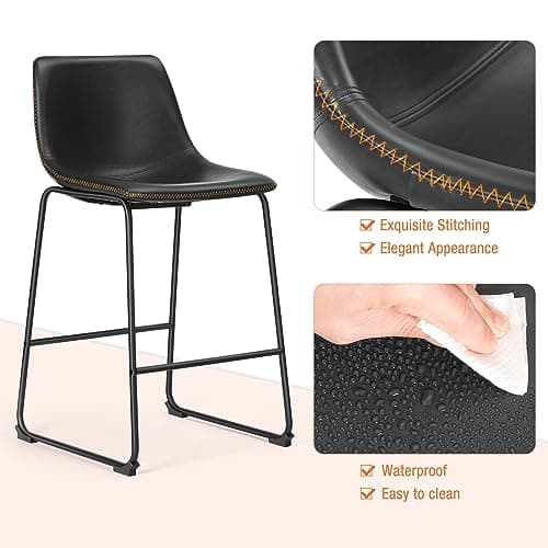 Sweetcrispy Modern Faux Leather Bar Stools Set of 4, 26 Inch Seat Height Black Chairs