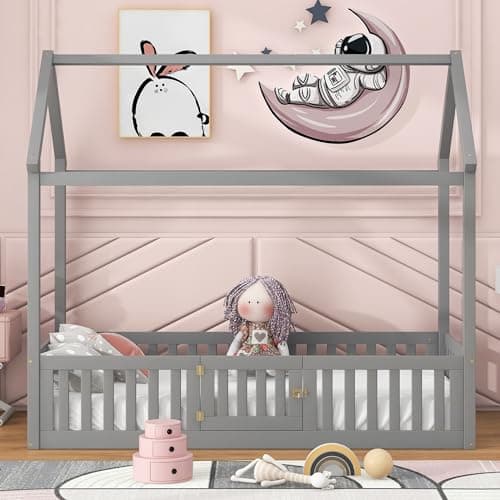 LUSPAZ White Wood House-Shaped Bed with Headboard, Sturdy Montessori Bed Frame for Toddlers & Babies