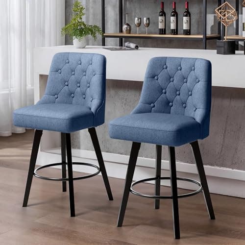 Retro Upholstered Swivel Bar Stools, 360 Rotation, Gray Linen, Solid Wood Legs, Kitchen Island, 26" H Seat