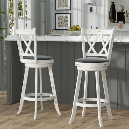 Antique White Swivel Bar Stools - High Back, Upholstered Seat & Solid Wood Footrest (Set of 2)