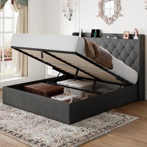Feonase Queen Size Button Tufted Storage Bed with Charging Station, Light Gray