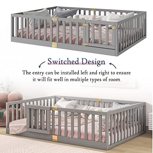 Tatub Full Montessori Floor Bed, Solid Wood, High Rails, Grey