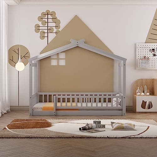 Bellemave Full Size Montessori Wood House Bed with Fence, Natural