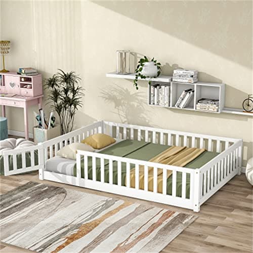 Full Size Montessori Floor Bed for Children, Solid Wood Frame with Safety Guardrails, White