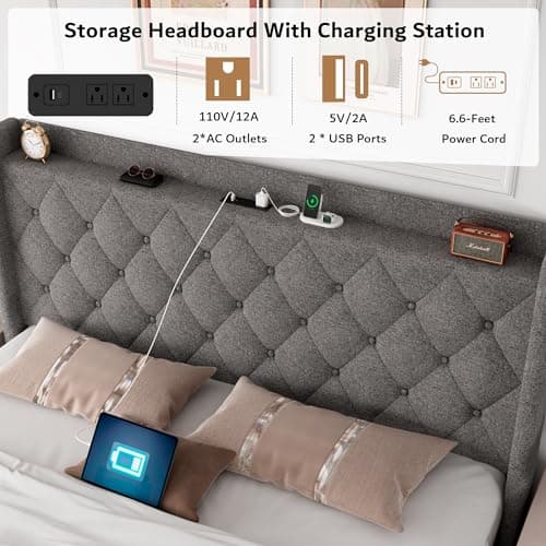 iPormis Queen Storage Bed with Charging Station, Light Grey