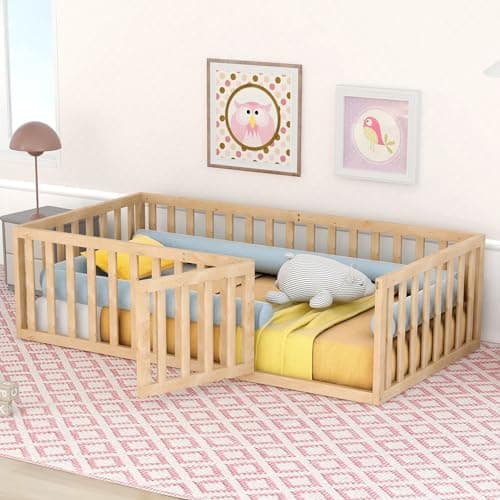 White Full-Size Montessori Floor Bed with Fence and Door