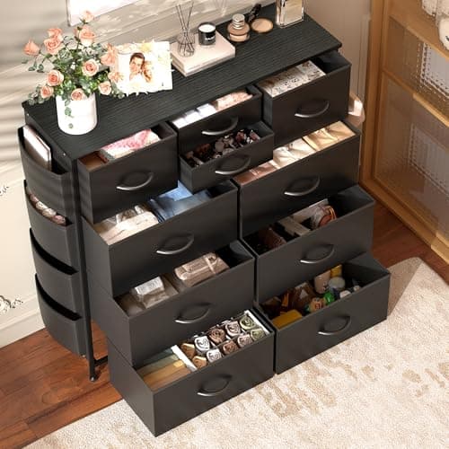 Lulive Black PU Storage Dresser with 10 Drawers & Side Pockets