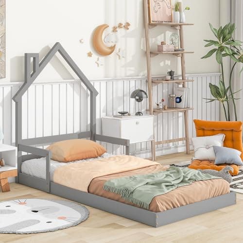 Montessori Twin Floor Bed with Roof & Safety Guardrails, Grey,No Box Spring Needed