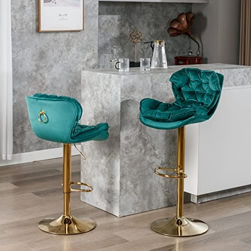 Modern Barstools Set of 2, Adjustable Velvet Swivel Bar Stool, Green