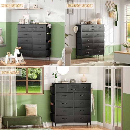 Lulive Tall Dresser Chest with 12 Drawers & Hooks (Black)