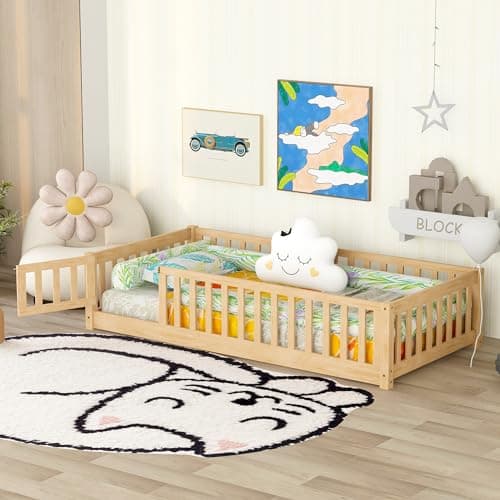 Bellemave Twin Size Floor Bed with Door & Safety Guardrails for Kids