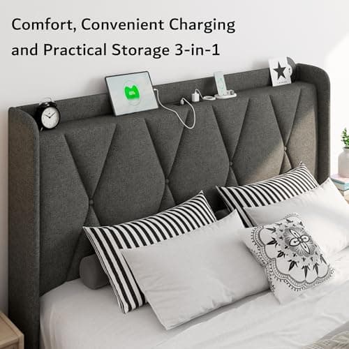 iPormis Dark Grey Queen Bed Frame with Storage & Charging Station
