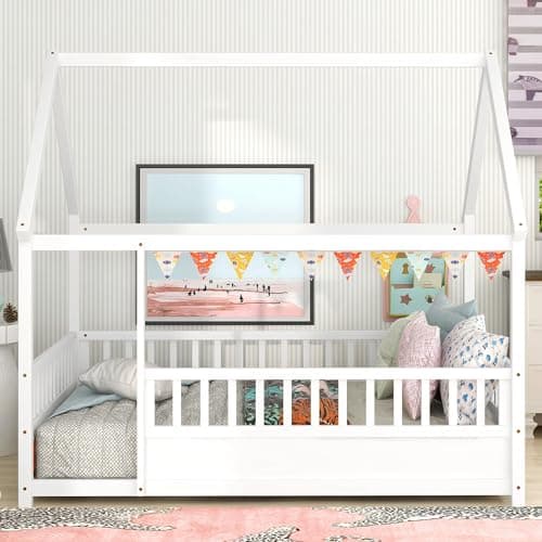 Full Size Wood Montessori Floor Bed with High Fence & Roof