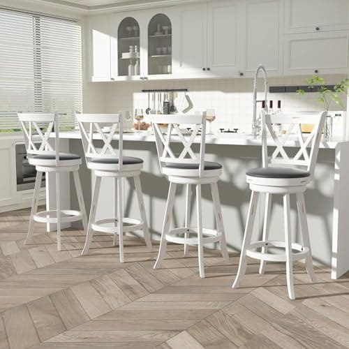 Antique White Swivel Bar Stools - High Back, Upholstered Seat & Solid Wood Footrest (Set of 2)