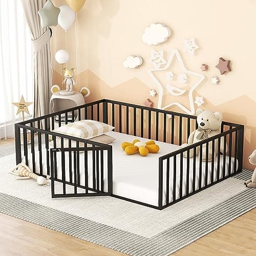 Black Metal Queen Bed Frame with Fence and Door, KP4T656