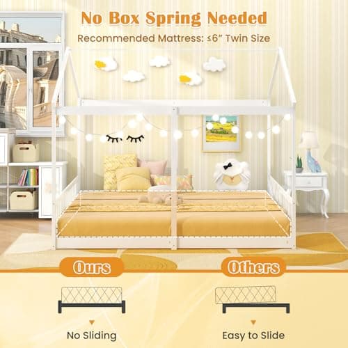 Giantex Double Twin Floor Beds, Wood Montessori with Fence & Roof, White