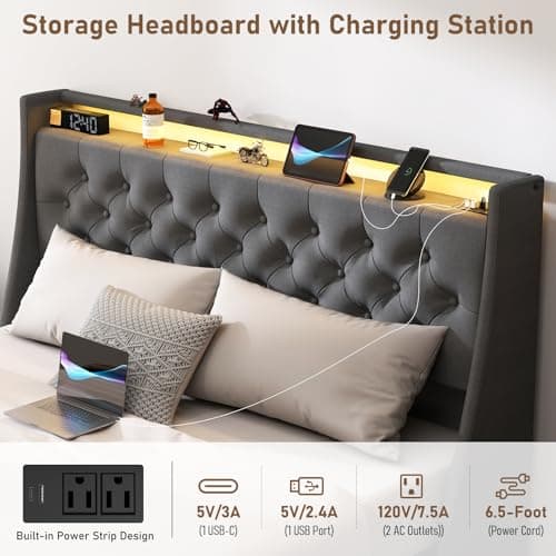 SADENICEL Full Size Bed Frame with Storage and LED Light, Charging Station, Grey
