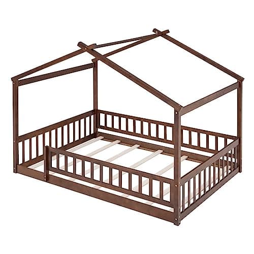 i-POOK Kids Full Size Montessori House Bed with Fence, Roof, Walnut Wood Frame