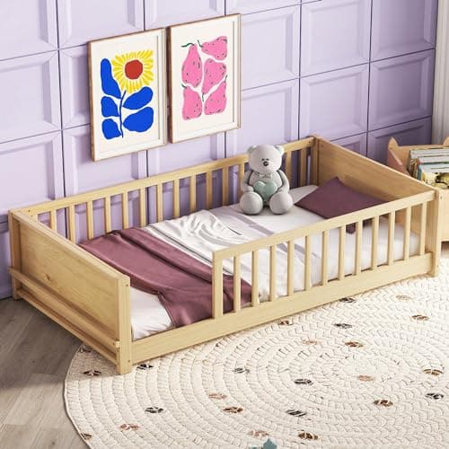 Full Size Montessori Floor Bed with High Fence, Natural Wood for Kids