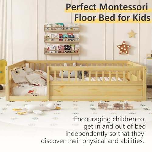 Full Size Montessori Floor Bed with High Fence, Natural Wood for Kids