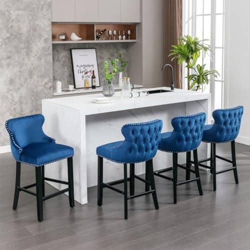 Velvet Upholstered Bar Stools Set of 2 with Wooden Legs
