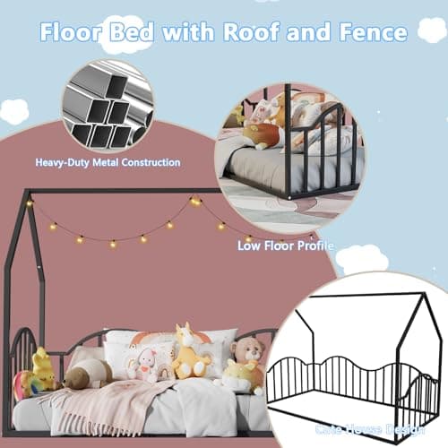 Twin Metal Floor Bed with Roof for Kids, No Box Spring Needed, Black