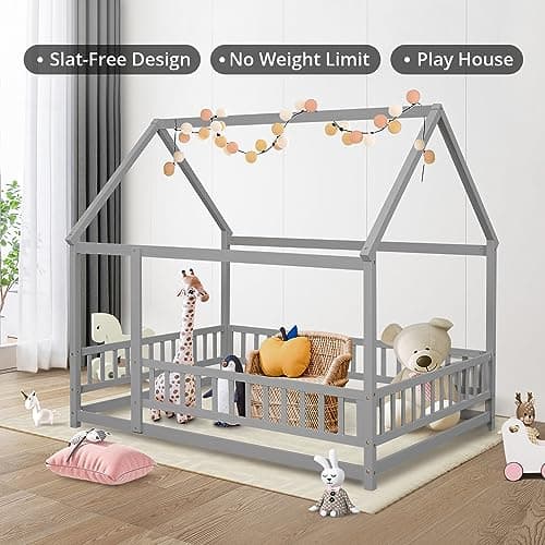 LLS Wooden Twin Bed with Roof & Fence, Gray for Boys & Girls
