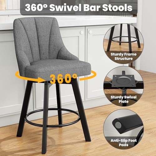 Dark Gray Fabric Upholstered Bar Stools with Back, 24" Counter Height, Set of 4