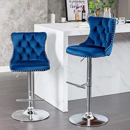 Navy Velvet Swivel Bar Stools, Tufted Back, Silver Chrome Base (2 Pcs)