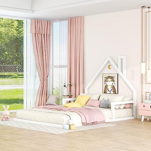 i-POOK White Wood Floor Bed with House-Shaped Headboard