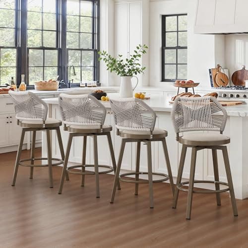 Olefin Rattan 360° Swivel Bar Stools, Set of 4, Boho Patio Kitchen Chairs, Apricot