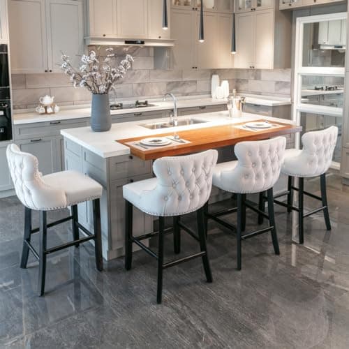 Velvet Upholstered Bar Stools Set of 2 with Wooden Legs
