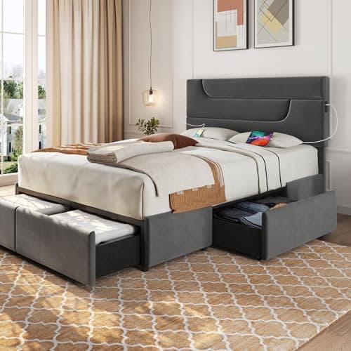 Yaheetech Dark Gray Queen Bed Frame with USB Charging & Storage Drawers