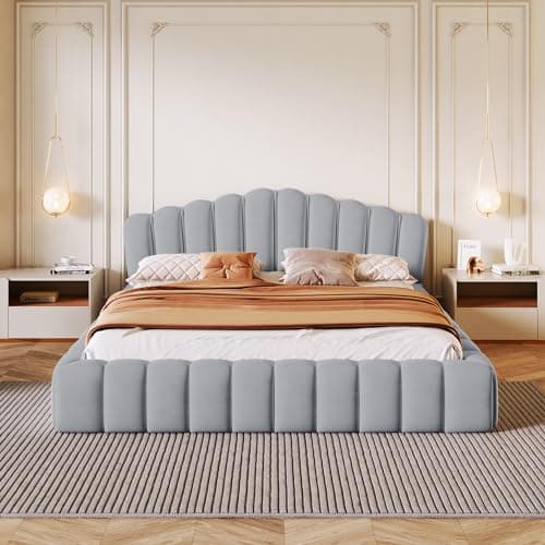 LUSPAZ Beige Queen Size Floor Bed with Shell Headboard and Vertical Seams