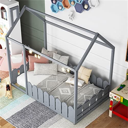 Wood House Bed Frame for Kids, Twin Size with Fence & Roof, Full-Length Guardrail, Gray