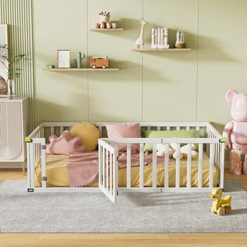 ROOMTEC Montessori Twin Beds with Safety Fence & Convertible Door, Grey