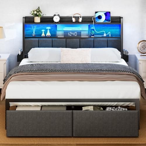 Furnulem Full Size Bed Frame with Storage & Charging, LED Lights, Black