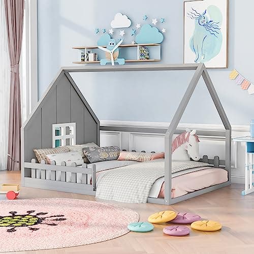 Wooden Montessori Floor Bed for Kids, No Box Spring Needed - Gray