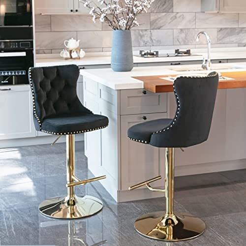Modern Swivel Velvet Bar Stools Set of 2 with Backrest and Footrest - Black
