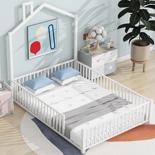 Full Size Metal Montessori Bed with Guardrail, White