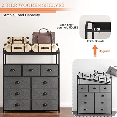 Dark Grey Fabric Dresser with 9 Drawers & 2 Shelves, Metal Frame