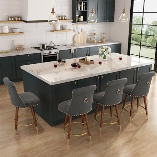 4-Piece 360° Swivel Bar Stool Set, Velvet Back with Footrest, Beige Fabric, 24" Seat Height